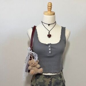 American Eagle Grey Henley Tank Top Cami Size Medium Preppy Summer